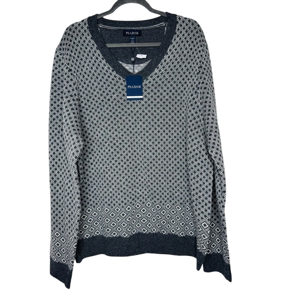 Jos A Bank Men V Neck Wool Blend Diamond Jacquard Sweater XXL Dad Sweater Preppy